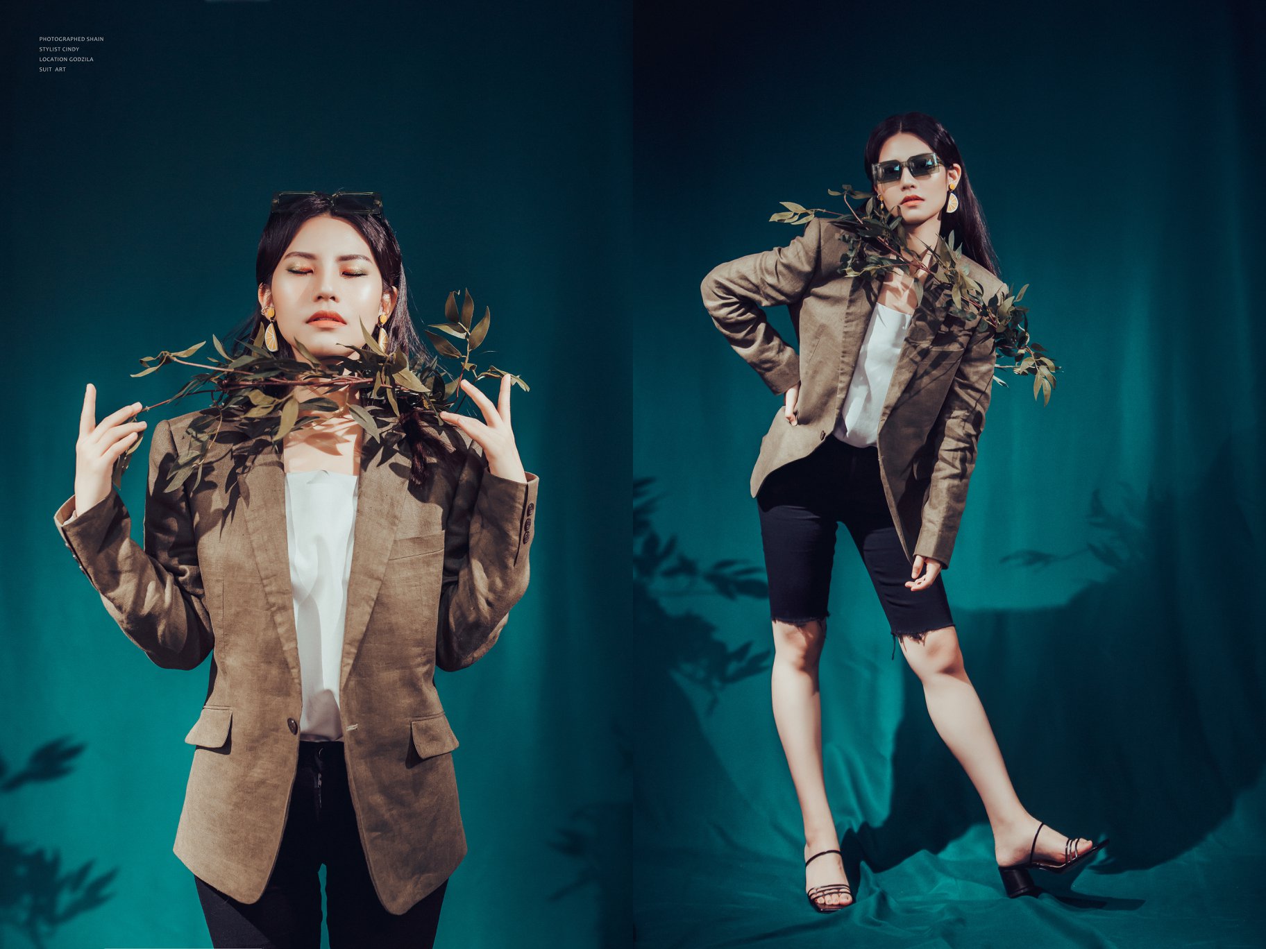 女性模特兒身著草綠色ART手作西服外套，展現多角度動態形象照